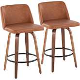 Toriano 26" Swivel Counter Stool in Walnut Wood & Camel Leatherette with Black Footrest (Set of 2)